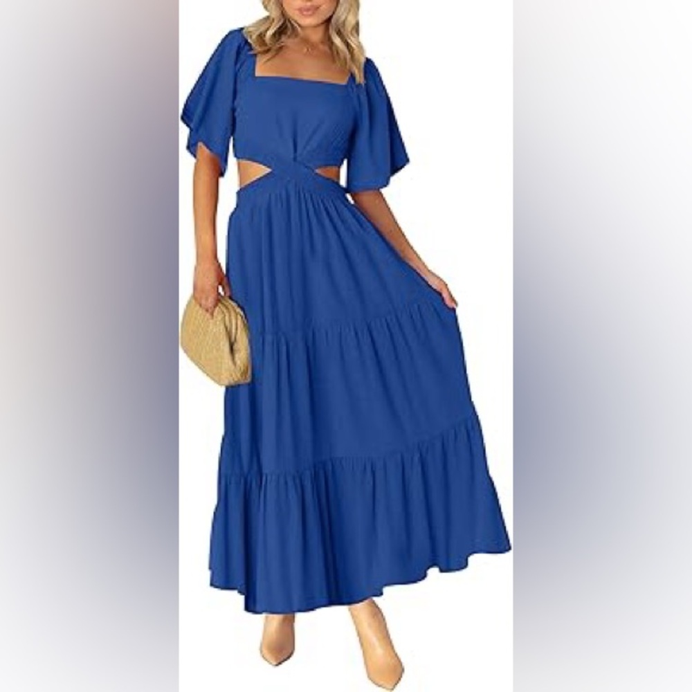LEANI Cutout Maxi Dress Square Neck Short Sleeve Crossover Waist Royal‎ Blue M